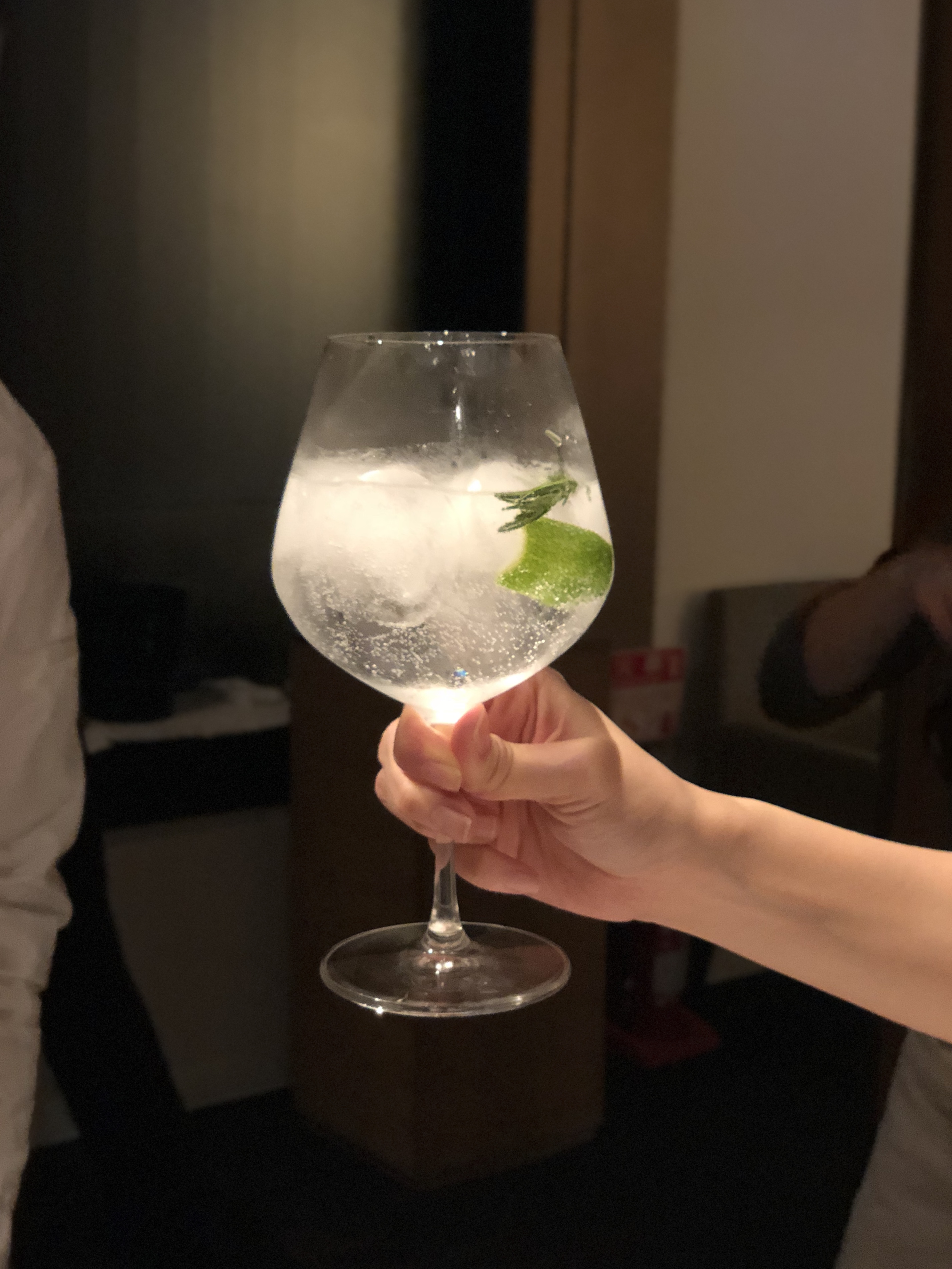 Hand holding a carbonated gin and tonic in the light.