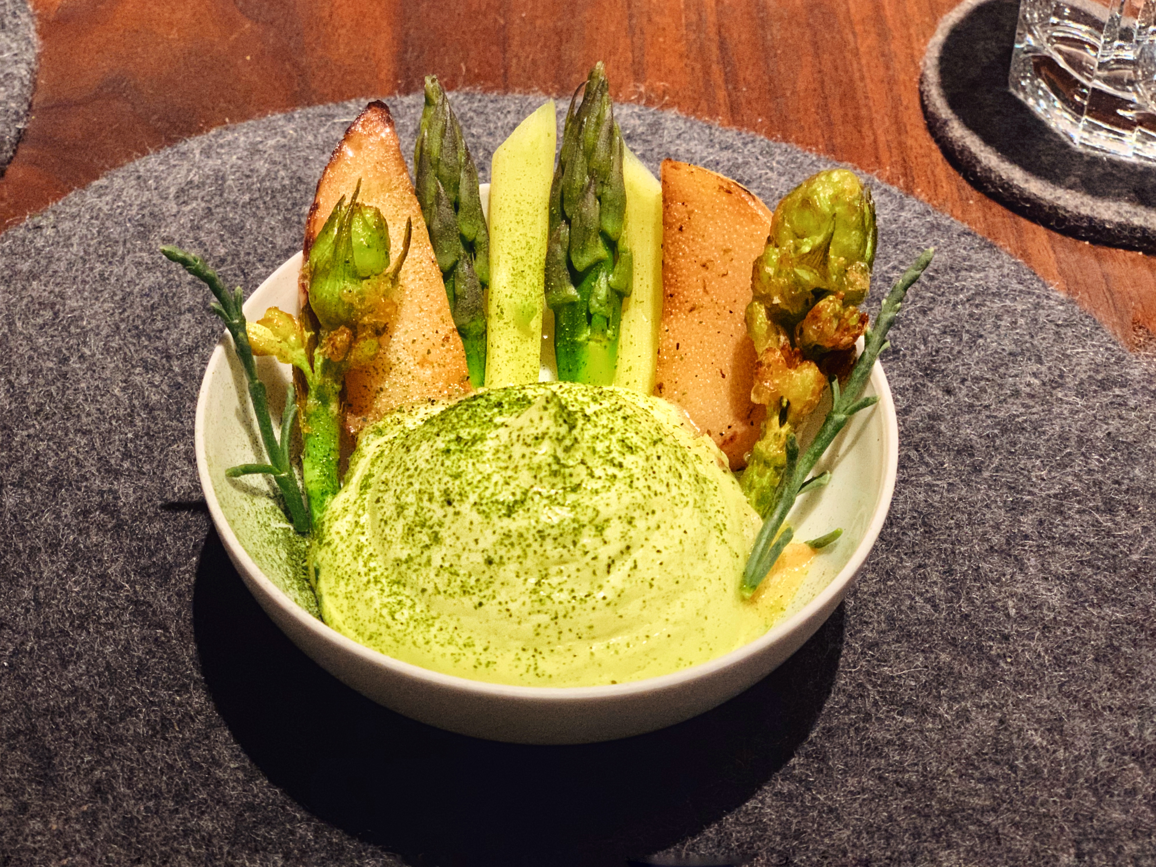 Broken egg, asparagus, and bamboo at Raw Taipei