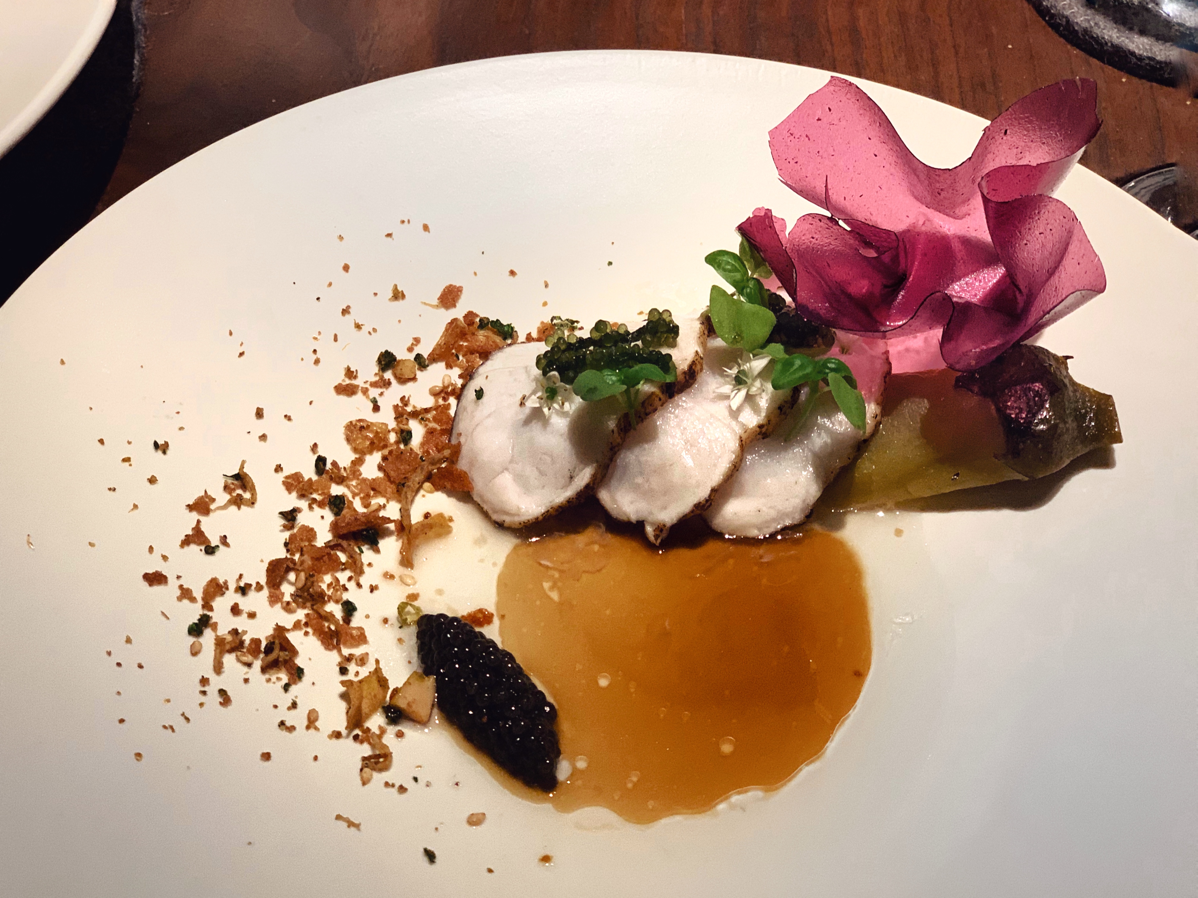 Main dish of aubergine, cobia fish, and furikake