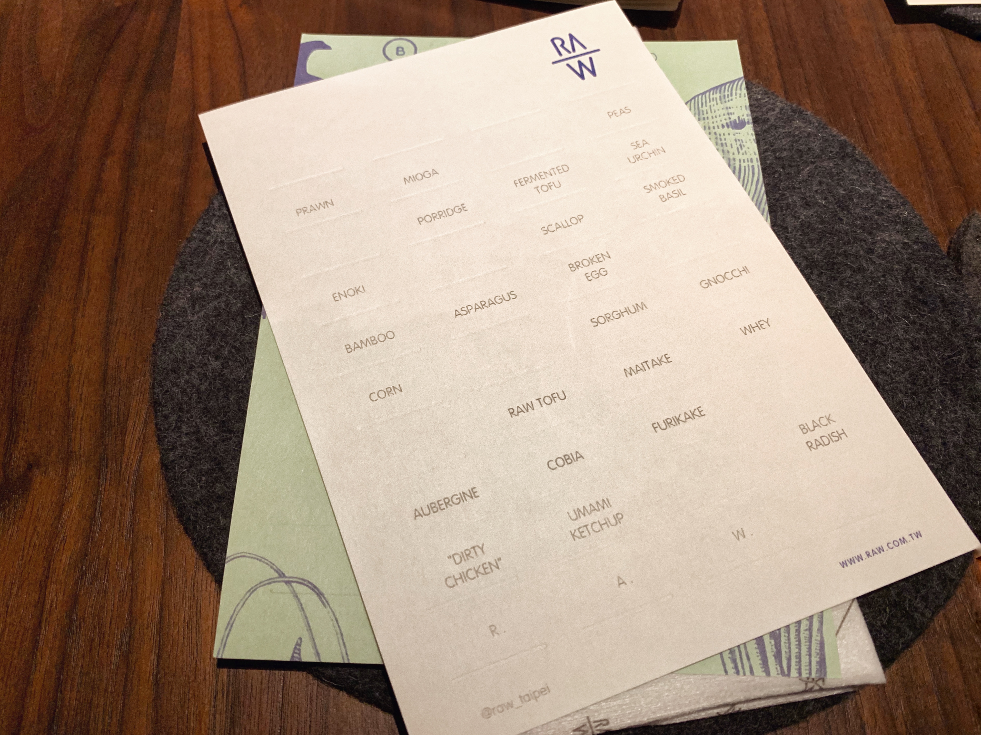 Raw Taipei winter menu