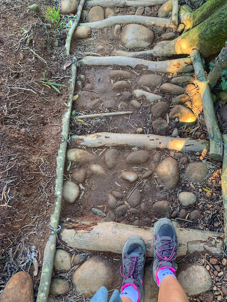 Goodyear shoes on a footpath for a downhill hike.