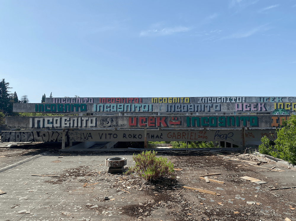 Graffiti rooftop of the abandoned hotel and casino in KRK.
